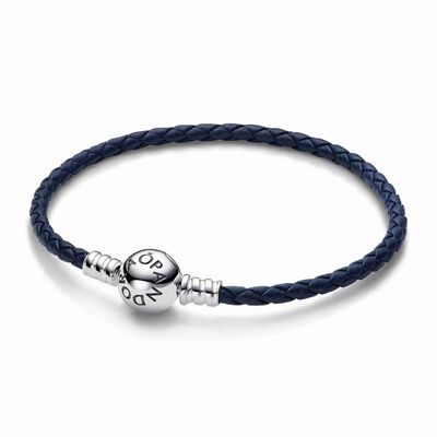 Pandora Moments Round Clasp Blue Braided Leather Bracelet