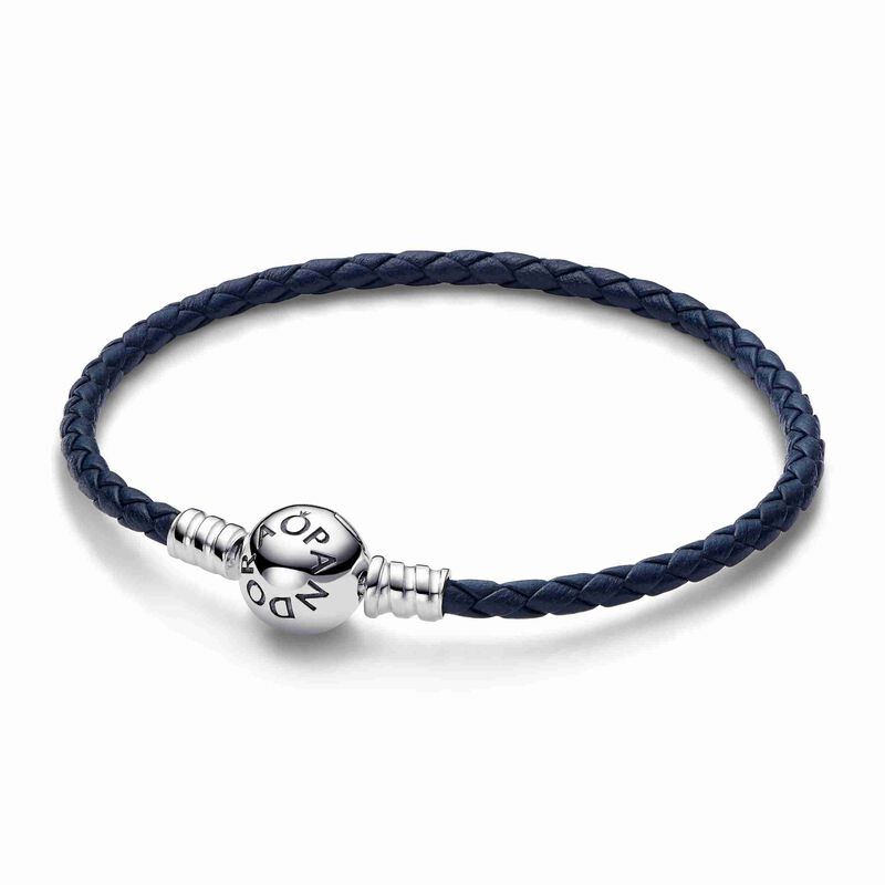 Pandora Moments Round Clasp Blue Braided Leather Bracelet image number 0