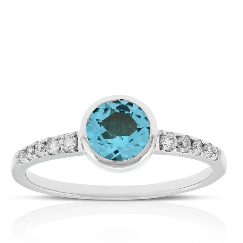 Bezel Set Blue Topaz & Diamond Ring 14K image number 0