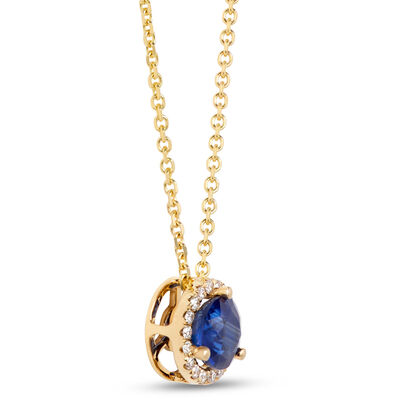 Round Sapphire Diamond Halo Pendant Necklace, 14K Yellow Gold
