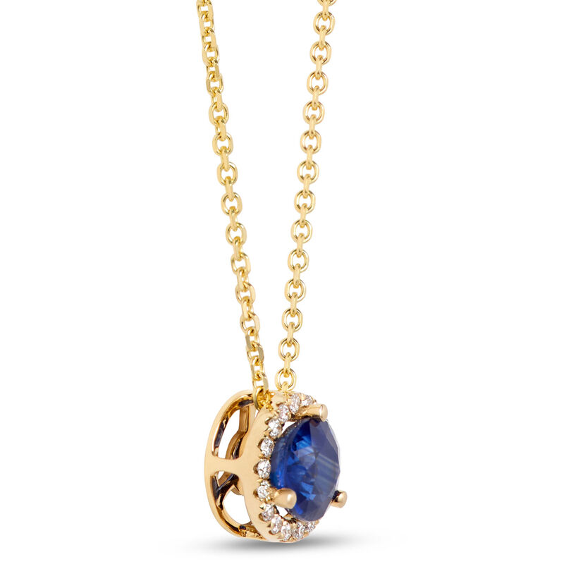 Round Sapphire Diamond Halo Pendant Necklace, 14K Yellow Gold image number 1