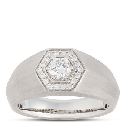 Hexagon Ring with Round Diamonds and Brushed Shank, 0.66 Total Carat Weight, 18K White Gold