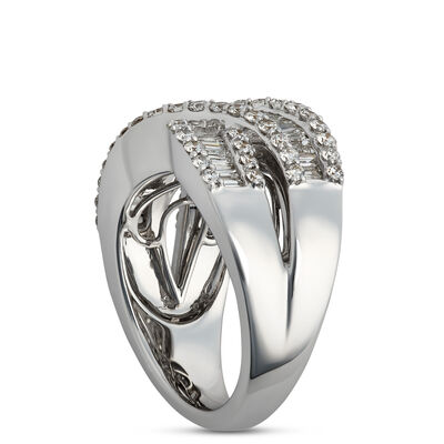 Round and Trapezoid Diamond Crisscross Ring, 18K White Gold Size 7