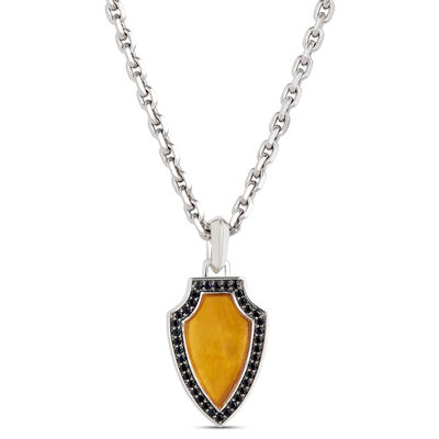Yellow Amber and Black Sapphire Shield Necklace, Sterling Silver