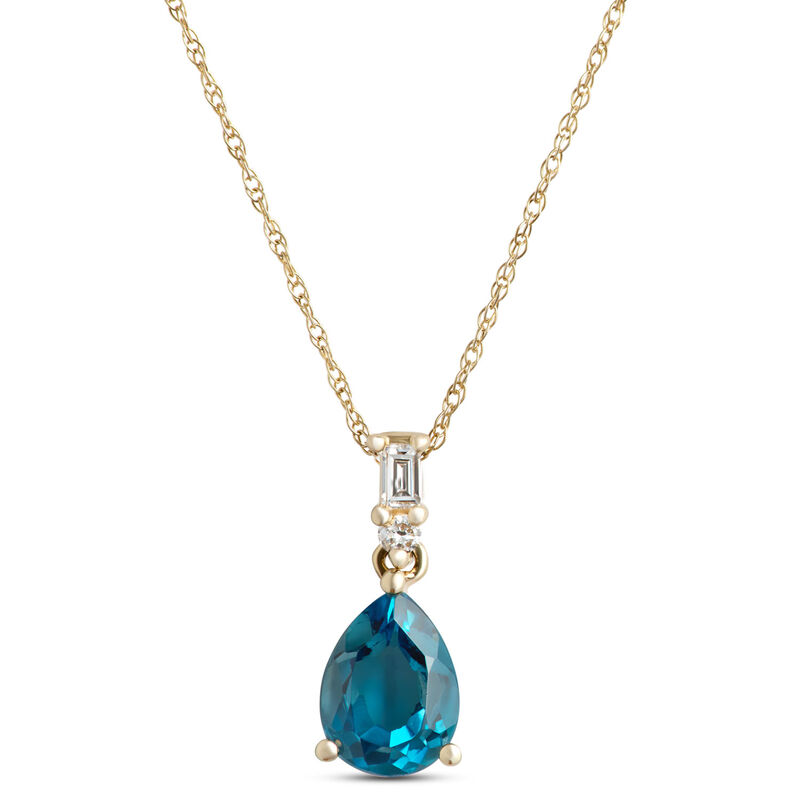 Pear Shaped Blue Topaz Pendant Necklace with Diamond Accents, 1/10 Carat Total Weight, 14K Yellow Gold image number 0