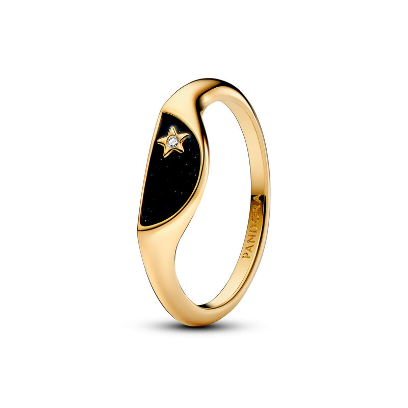 Pandora ME Halved Signet Pandora ME 14k gold-plated ring with clear cz and glittery black enamel image number 0