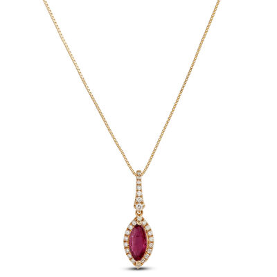 Marquise Ruby & Diamond Halo Necklace 14K