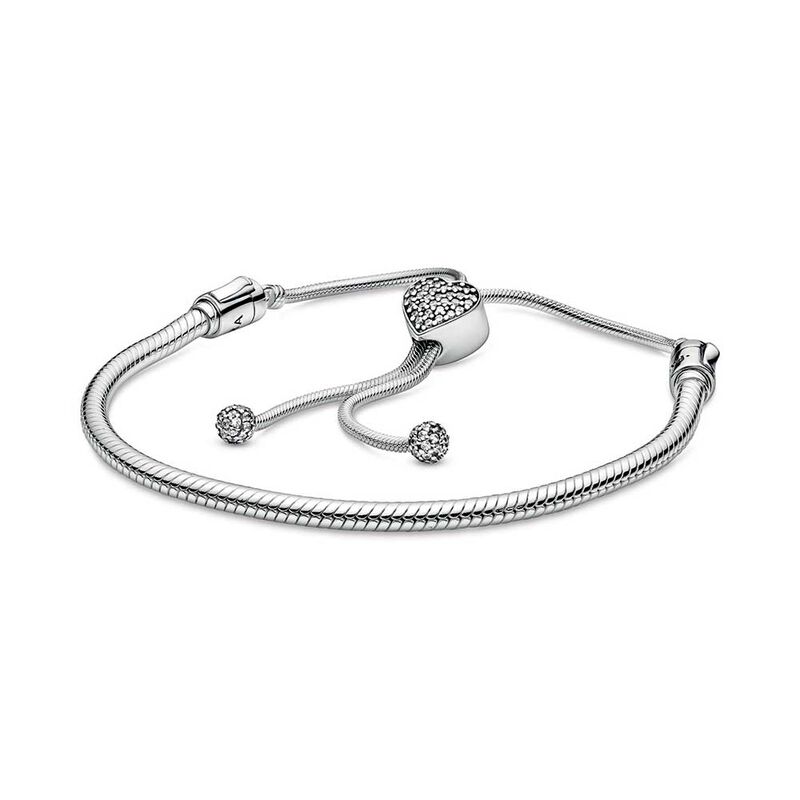 Pandora Moments Pavé CZ Heart Clasp Snake Chain Slider Bracelet image number 1