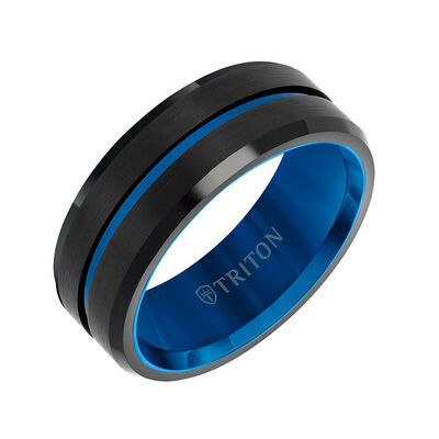 TRITON Contemporary Comfort Fit Band in Black Tungsten with Blue PVD, 8 mm&nbsp;