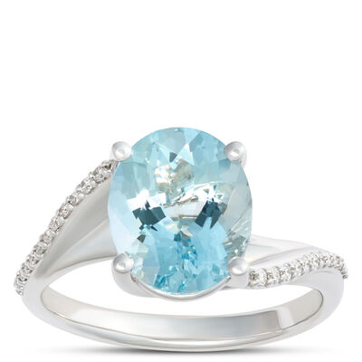 Oval Aquamarine Swirl Ring, 14K White Gold