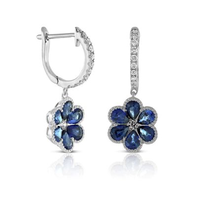 Flower Shaped Sapphire Earrings, 14K White Gold