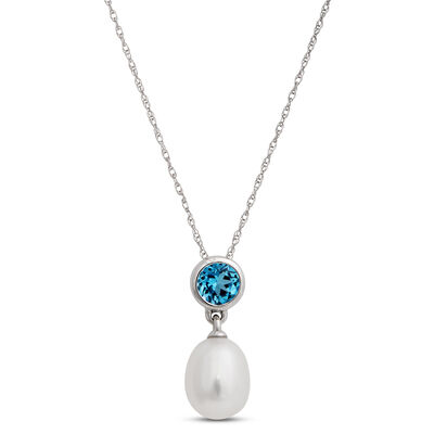 Pearl and Blue Topaz Pendant Necklace, 14k White Gold