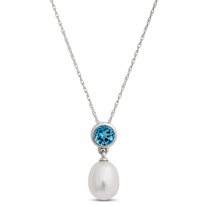 Pearl and Blue Topaz Pendant Necklace, 14k White Gold image number 0