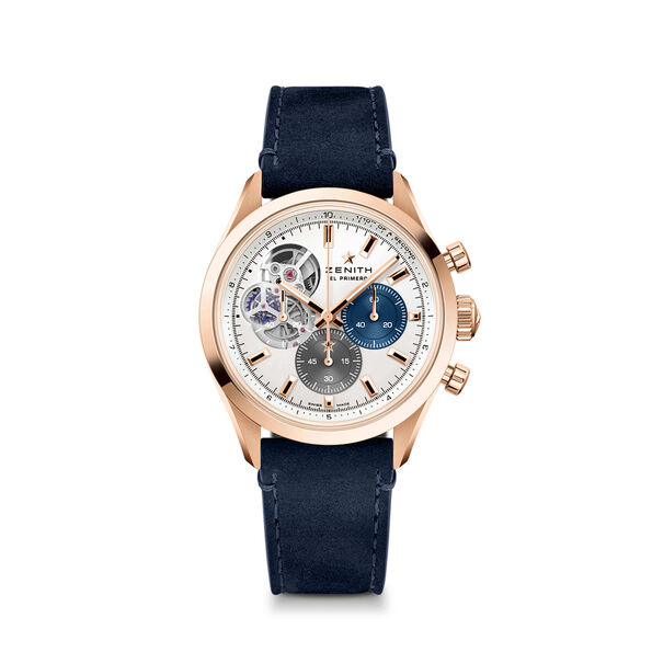 Zenith CHRONOMASTER Open Watch White Dial Blue Leather Strap, 39.5mm