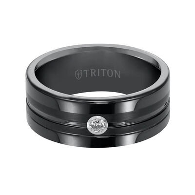 TRITON Stone Contemporary Comfort Fit Center Groove Diamond Band in Black Tungsten, 8 mm