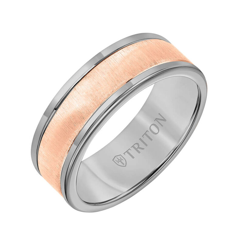 Rose Gold TRITON Custom Comfort Fit Satin Finish Band in Grey Tungsten & 14K, 8 mm image number 0