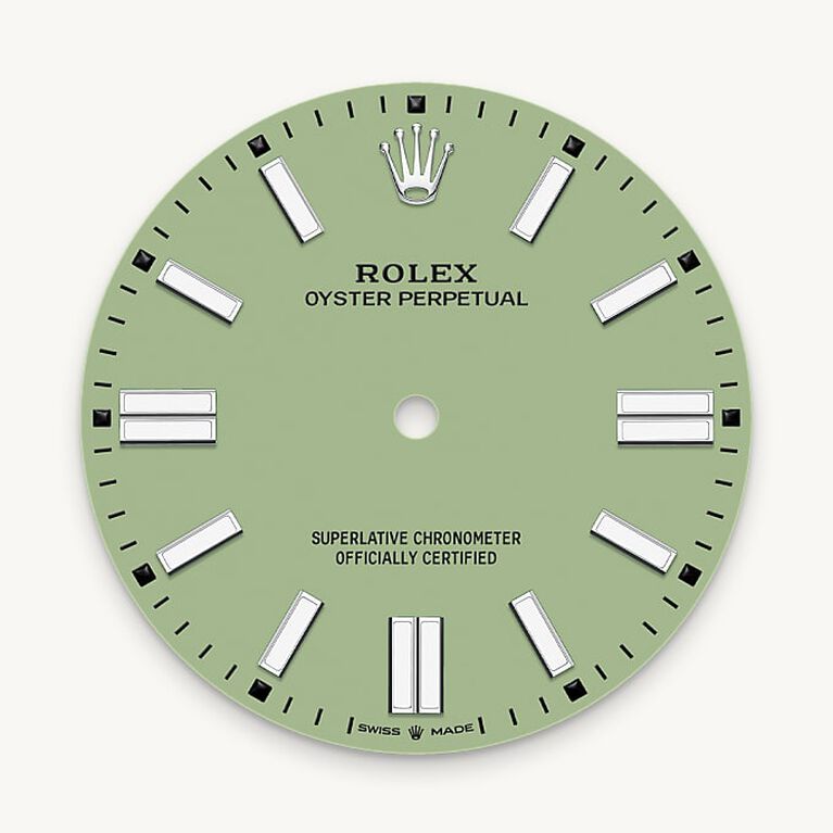 rolex oyster perpetual in oystersteel, m134300-0006 - pistachio dial - ben bridge