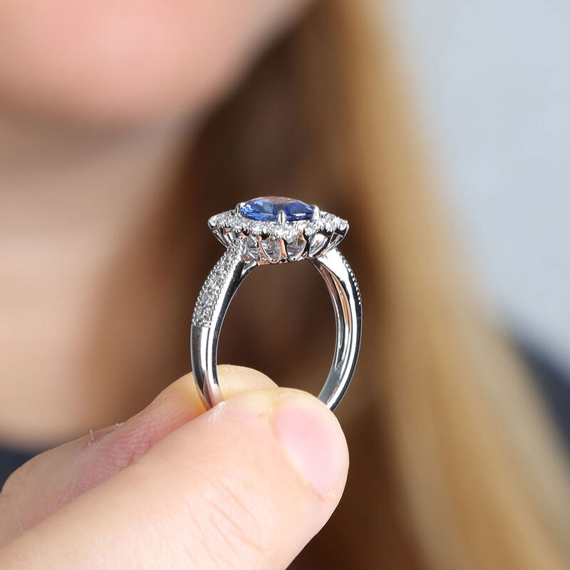 Sapphire & Diamond Halo Ring 14K image number 2