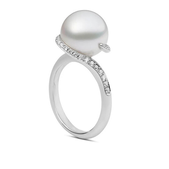Mikimoto Twist White South Sea Cultured Pearl & Diamond Ring 18K
