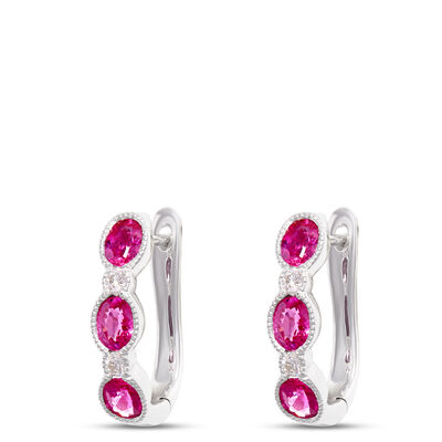 Oval Ruby Hoops, 14K White Gold