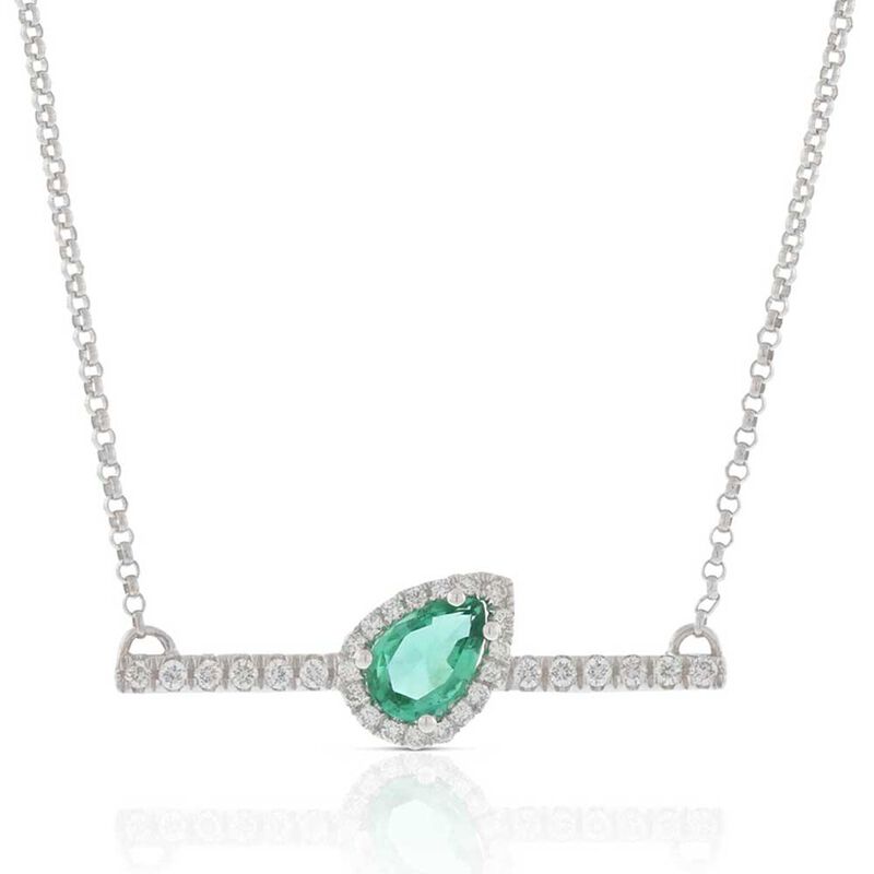 Slanted Pear-Shaped Emerald & Diamond Bar Necklace 14K image number 0