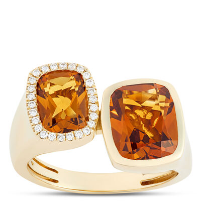 Cushion Cut Citrine and Diamond Bypass Ring, 14K Yellow Gold