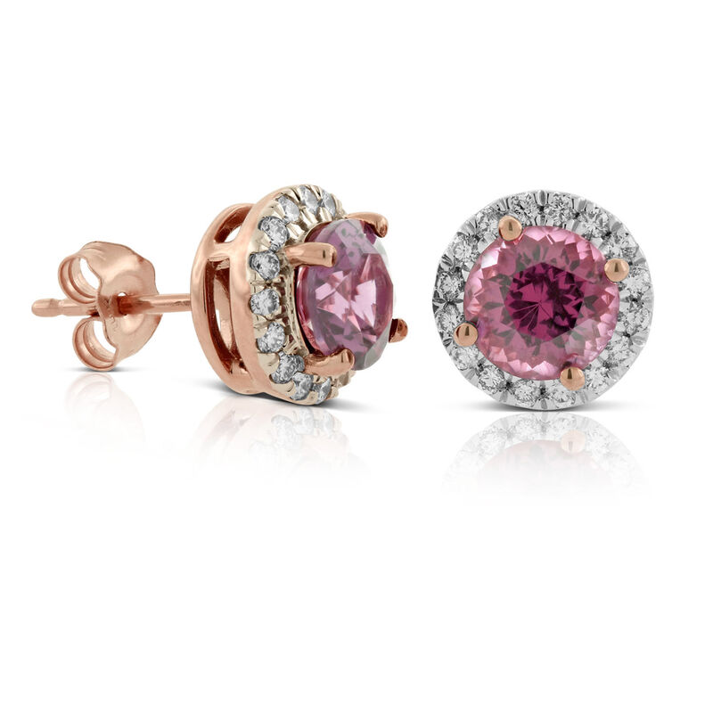 Rose Gold Pink Rhodolite & Diamond Halo Earrings 14K image number 0