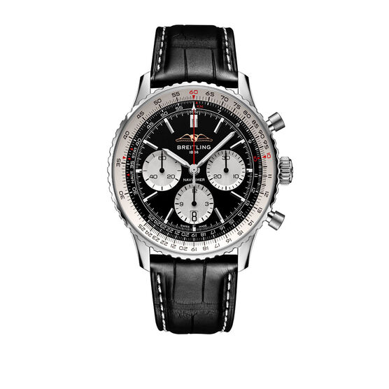 Breitling Navitimer B01 Chronograph Watch Steel Case Black Dial Black Leather Strap, 43mm