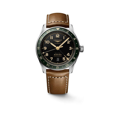 Longines Spirit Zulu Time Watch Black Dial Brown Leather Strap, 42mm
