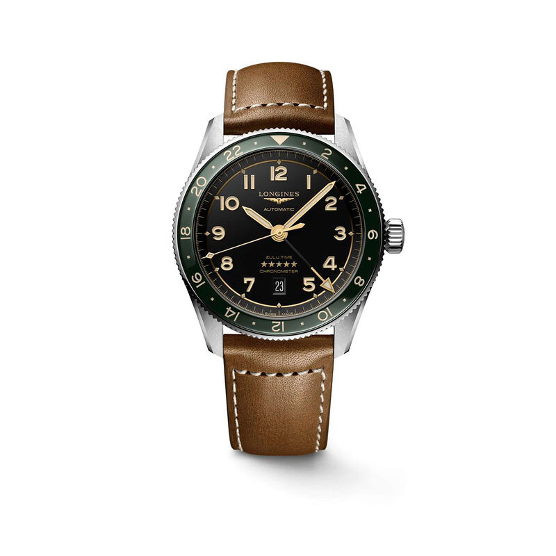 Longines Spirit Zulu Time Watch Black Dial Brown Leather Strap, 42mm image number 1