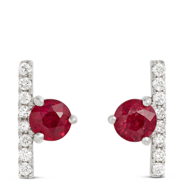 Ruby and Diamond Bar Earrings, 14K White Gold
