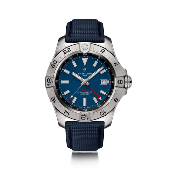 Breitling Avenger Automatic GMT Watch Blue Dial Blue Leather Strap, 44mm