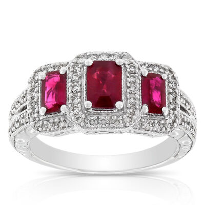Ruby & Diamond 3-Stone Ring 14K