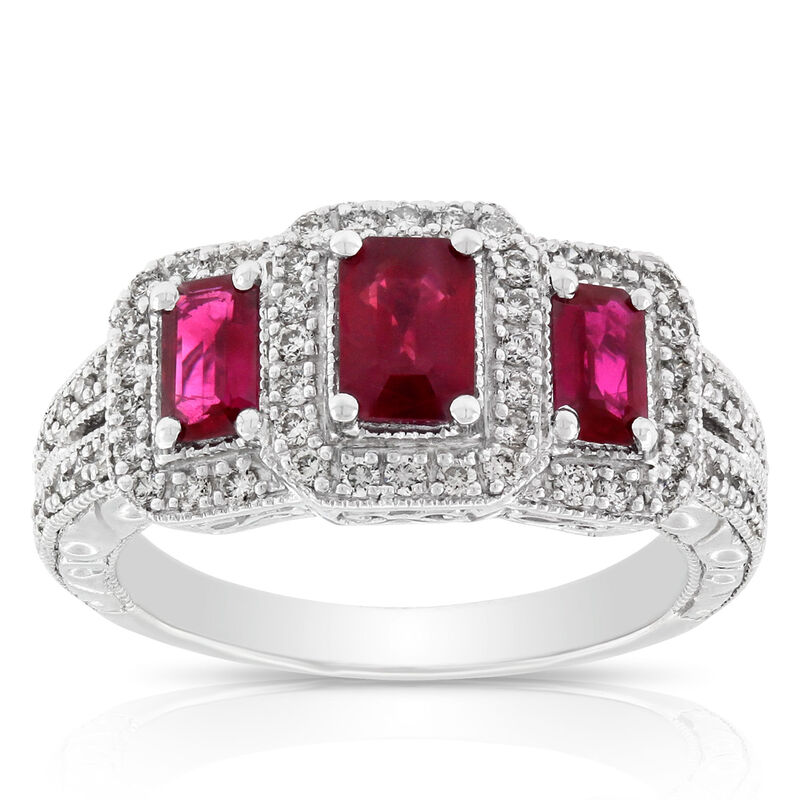 Ruby & Diamond 3-Stone Ring 14K image number 0