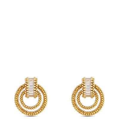 Beaded Gold Circle Earrings with Baguette Diamonds, &frac12; Carat Total Weight, 18K Yellow Gold