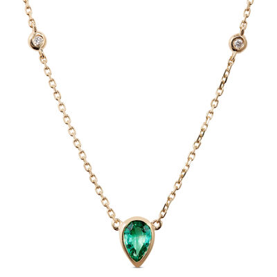 Pear Cut Emerald and Diamond Necklace, 14K Yellow Gold