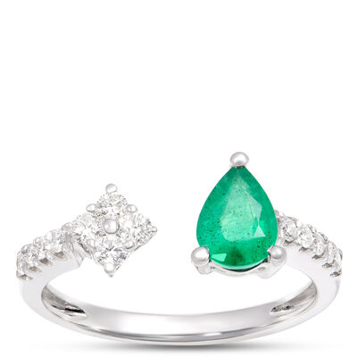 Pear Shaped Emerald and Diamond Open Center Ring, 14K White Gold Size 7