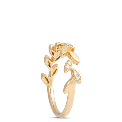 Timeless Leaf Pattern Ring with Accent Diamonds, 14K Yellow Gold