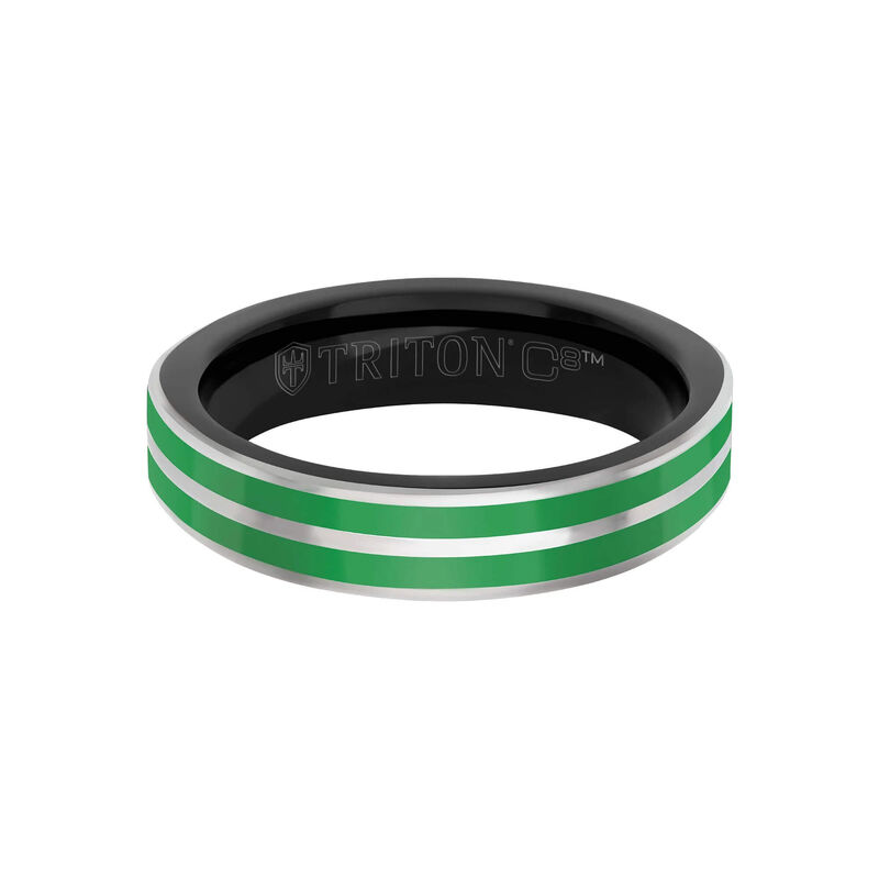 TRITON Green Ceramic Inlay with Silver Center Line and Broken Edge Band in Black Tungsten Carbide, 5MM image number 1