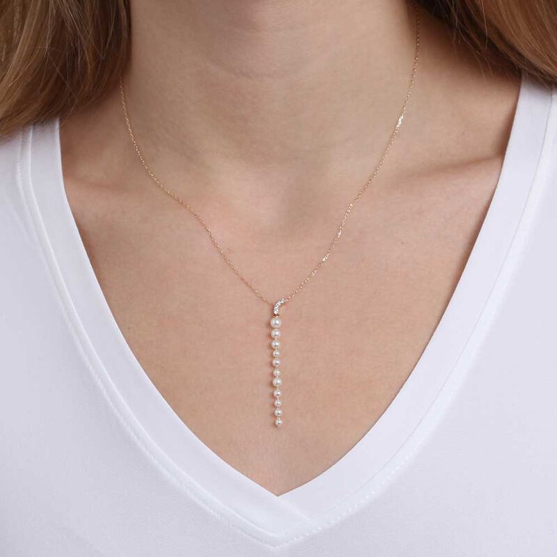Graduated Cultured Akoya Pearl & Diamond Necklace 14K image number 2