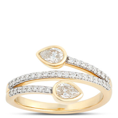 Three-Row Pear and Round Diamond Ring, &frac34; Carat Total Weight, 14K Yellow Gold