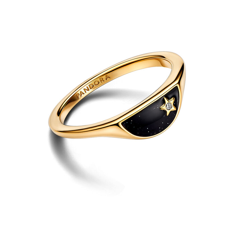 Pandora ME Halved Signet Pandora ME 14k gold-plated ring with clear cz and glittery black enamel image number 1