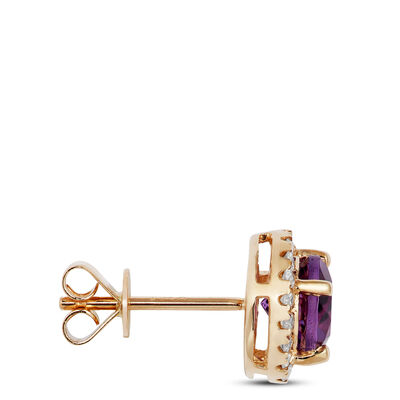 Amethyst Earrings Halo Diamond Setting, 14K Yellow Gold
