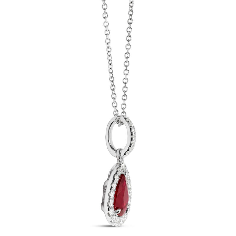 Pear Shaped Ruby and Diamond Halo Pendant Necklace, 14K White Gold image number 1