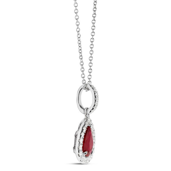 Pear Shaped Ruby and Diamond Halo Pendant Necklace, 14K White Gold