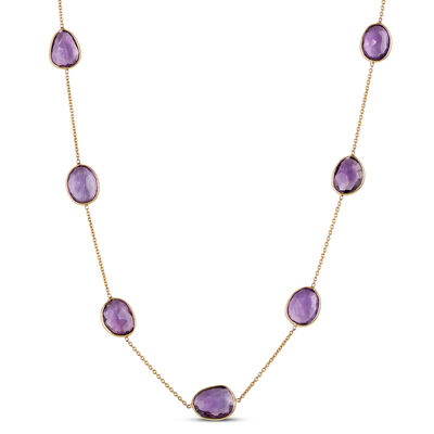 18-Inch Amethyst Station Necklace, 14K Yellow Gold