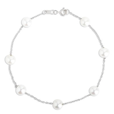 Classic 7.5-Inch Cultured Pearl Cable Chain Bracelet, 14K White Gold