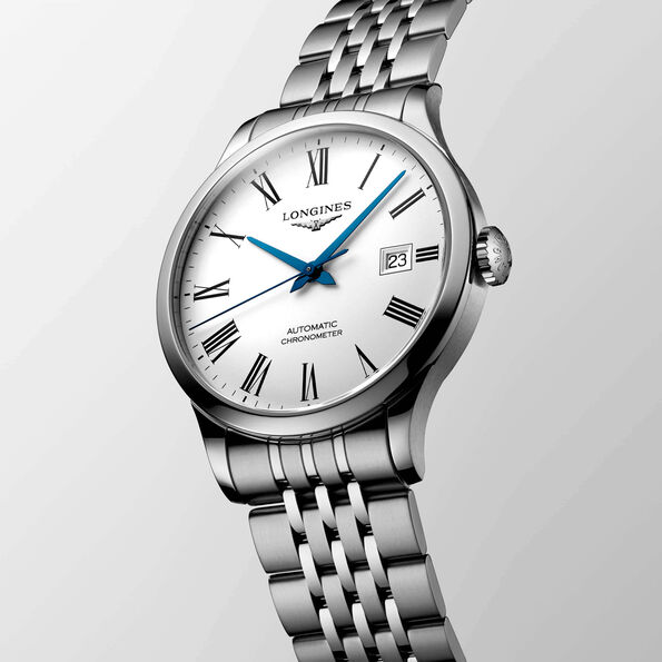 Longines Record Chronometer Watch White Dial Steel Bracelet, 40mm