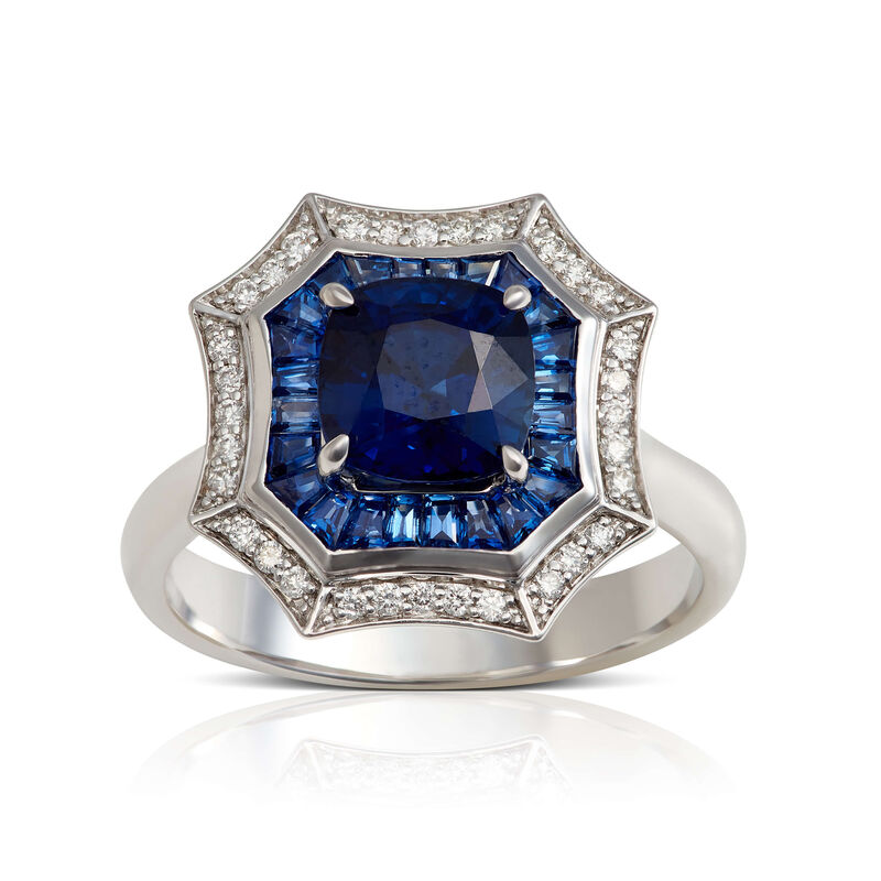 Square & Baguette Sapphire & Diamond Halo Ring 14K image number 0