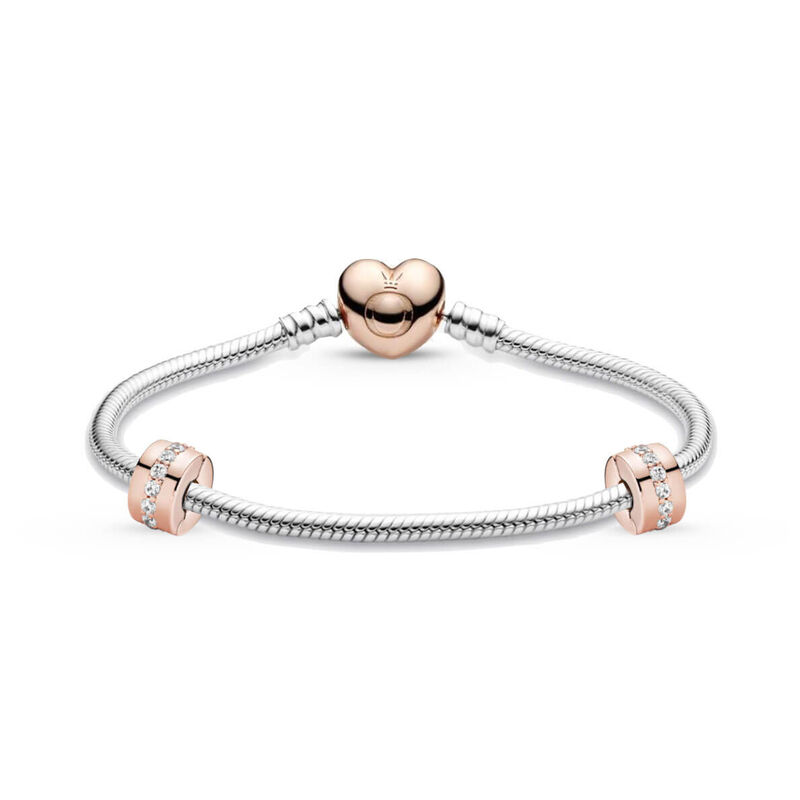 Pandora Iconic Rose Gold Heart Clasp Bracelet & CZ Clips Gift Set with Free Charm image number 1